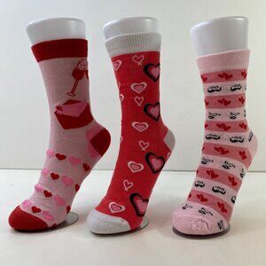 Womens Crew Socks Set 3 Valentines Hearts Mustaches Love Notes Pink Red White
